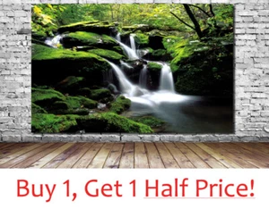 FOREST WATERFALL CANVAS WALL ART *Framed* GREEN NATURE PICTURE PRINT - Picture 1 of 8