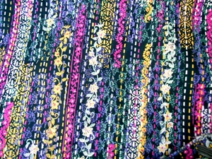 VTG Cotton Fabric STRIPES FLOWERS STITCH Print Bright Colors on Black 3 Yards - Picture 1 of 4