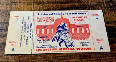 1948 Washington Redskins vs Los Angeles Rams Charity Football Full Press Ticket - Image 1 of 2