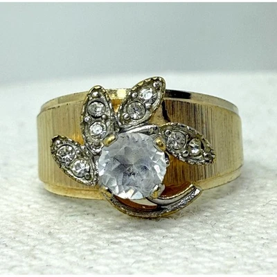 Винтажный 18K GE золото гальваническое прозрачный камень цветочный кольцо группы размер 7 - Изображение 1 из 4