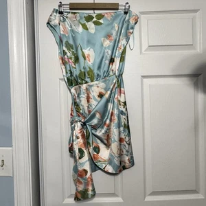 Gigi & Ella 1 Shoulder Women Size 2 Blue Floral Tie Mini Dress Shower Wedding - Picture 1 of 12
