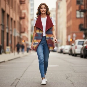 Cárdigan chaleco forrado de lana azteca suroeste borgoña L Lucky & Blessed para mujer - Imagen 1 de 11