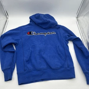 CHAMPION Hoodie Mens S Reverse Weave Felt Logo Spellout Sweatshirt Pullover Blue - Picture 1 of 9