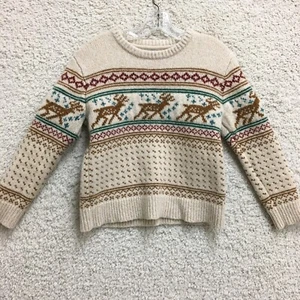 LL Bean Sweater Small Adult Petite Beige Fair Isle Lambswool Pullover Womens PS - Picture 1 of 8