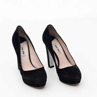Miu Miu Pumps Black Suede Platform Heels Glitter Block Heels Size EU 37 / US 7 - Image 1 of 4