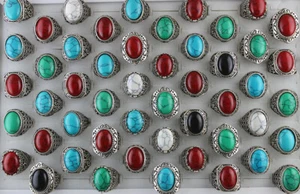 Wholesale Rings Bulk Lots 40pcs Assorted Oval Natural Stone Mens Party Ring - Picture 1 of 6