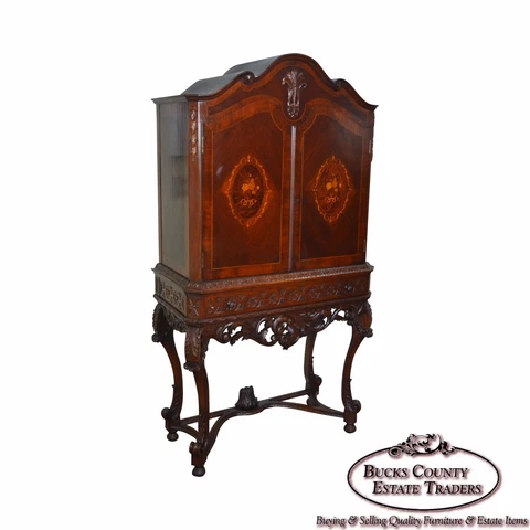 1930s Marquetry Inlaid Georgian Style Carved 2 Door Cabinet Cover