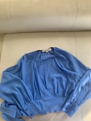 Blusa envolvente de seda azul brillante DVF manga larga talla 8 Foto 1 de 4