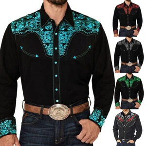 Lässiges Herrenhemd Mit Umlegekragen Western-Cowboy-Langarmshirt Mit Retro- ≌ - Picture 1 of 25