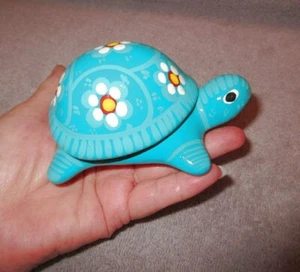 Talavera Style Mexican Folk Art Hand Painted Turtle Trinket Box Floral With Lid - Picture 1 of 9