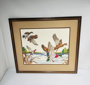 Vintage Framed Crewel Cross Stitch Embroidery Mallard Ducks Water 24.5" x 22.25" - Picture 1 of 21