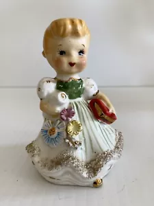 Lefton October Birth Month Girl W/Bell & Book Spaghetti Trim Figurine Vintage - Picture 1 of 21