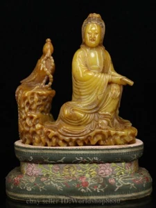 6" Old Chinese Buddhism Shoushan Stone Careved Sit Kwan-yin Goddess Bird Statue - Picture 1 of 9