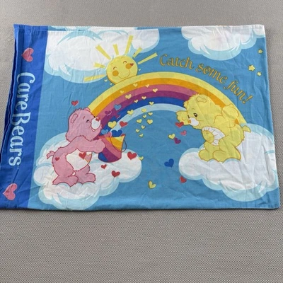 Vintage Care Bears Twin Pillowcase Rainbow Trail Hearts 2002 Blue Clouds - Image 1 of 4