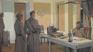 Vintage military portrait large gouache painting - Picture 1 of 9