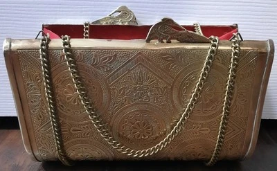 Vtg Brass Victorian-Style Clutch Purse W/ 18" Chain Double Peacock Clasp~6 3/4" - Image 1 of 4