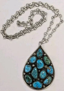 Ciondolo grande turchese 11 pepite sterling nativo con catena argento 24" NA44 - Foto 1 di 6