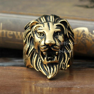 Retro 316L Stainless Steel Gold Lion Head Men Biker Ring Size 8-16 - Image 1 of 4