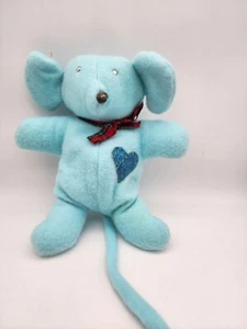 Vintage Plush Blue Mouse With A Teal Sequined Heart And Checkered Neck Ribbon - Picture 1 of 2