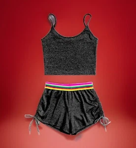 2Pc Crop Cami Top & Rainbow Strips Ruched Strings Sides Shorts Lounge Outfit - Picture 1 of 7