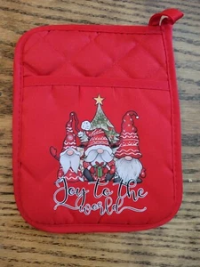 New Pocket Pot Holder Christmas Gnomes "Joy to The World" Dark Red Rubber backed - Picture 1 of 2