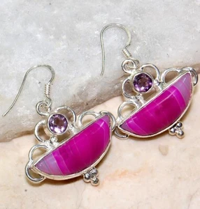 14CT Natural Botswana Lace Agate & Amethyst 925 Sterling Silver Earrings @B19-5 - Picture 1 of 1