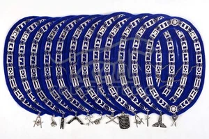 Masonic Blue Lodge Silver Chain Collar With Silver Jewels Blue Backing Set Of 12 - Picture 1 of 2