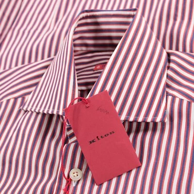 Camicia elegante Kiton nuova con etichetta taglia 15 38 rossa con righe bianche blu 100% cotone - Immagine 1 di 4