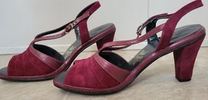 Vtg 70s Hush Puppies Burgundy Leather + Suede Slingback Disco Pumps Sz8 - Picture 1 of 8