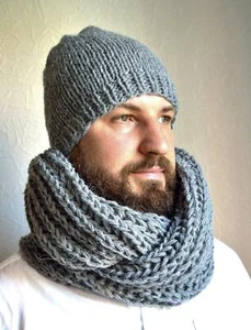 Hand knitted men's alpaca wool hat & snood scarf - Picture 1 of 4