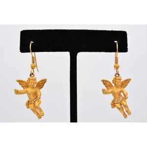 Orecchini vintage angelo cherubino pendenti oro spazzolato strass cristallo anni 80 BinU - Foto 1 di 12