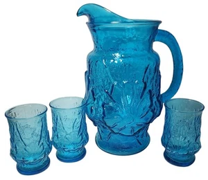 Anchor Hocking Glaskrug und drei Gläser Regen Blume Laser blau 2 Quart ANSEHEN - Bild 1 von 17