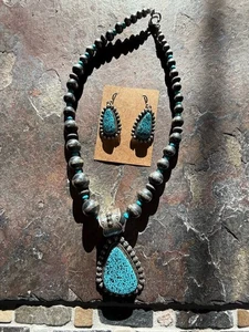 Conjunto de Pendientes Collar Turquesa Navajo Happy Piasso Birdseye Kingman Esterlina - Imagen 1 de 11