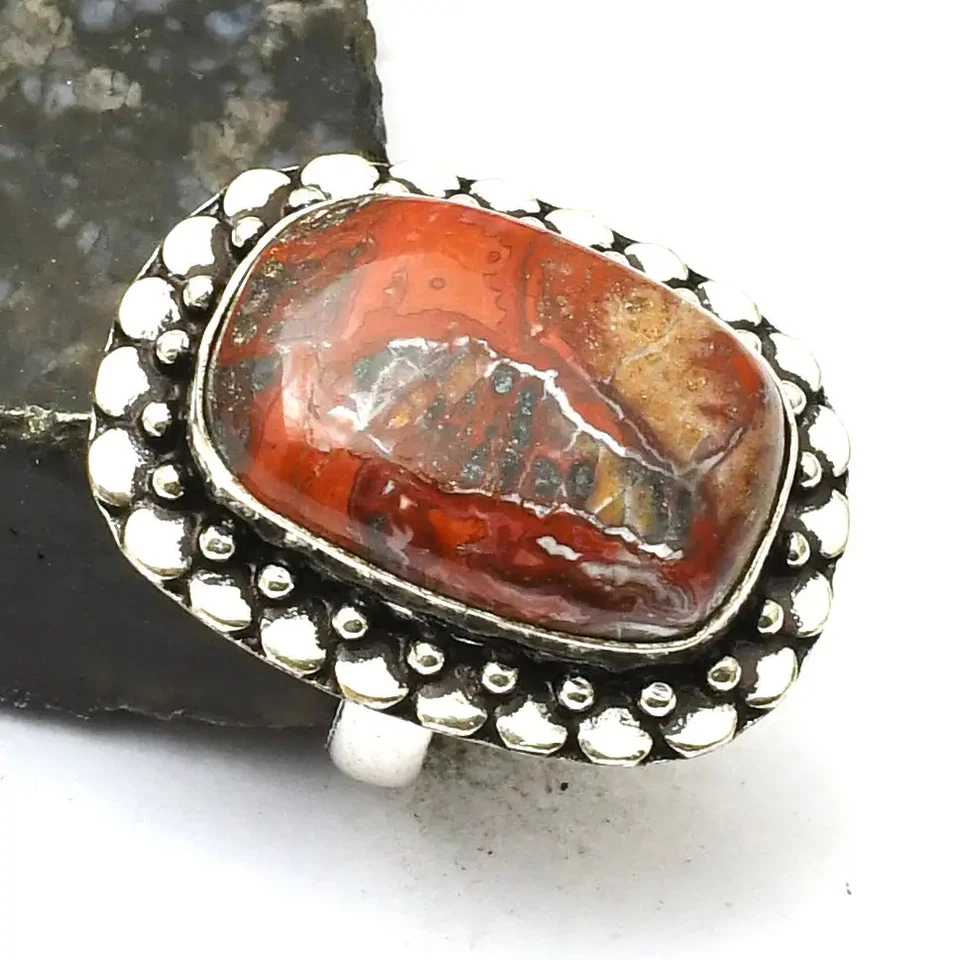 Anillo de piedras preciosas de ágata de encaje loco hecho a mano joyería para boda talla EE. UU. 7,5 AR 24377 Foto 1 de 1