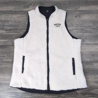 Chaleco acolchado reversible Sherpa Colosseum Bobcats MSU para mujer grande negro blanco Foto 1 de 4