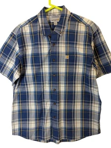 Carhartt Blue Plaid Button Up Men sz L Relaxed Fit Short Sleeve Collared Shirt - Picture 1 of 18