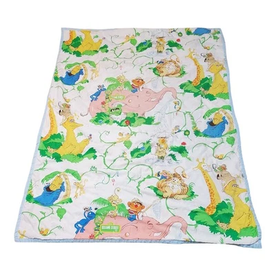 Vtg Sesame Street Jungle Lion Pink Elephant Double Sided Quilt Back Blanket  - Image 1 of 4