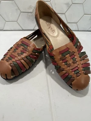 Softspots Tejido Cuero Plano Slipon Talla 9 De Colección Tostado Rojo Verde Boho Comodidad Usado en Excelente Condición Foto 1 de 4