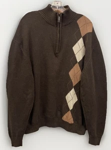 Oscar De La Renta Chocolate Brown Argyle 1/4 Zip Pullover Sweater Men’s 2XL - Picture 1 of 9