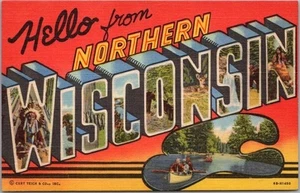 Hola desde NORTHERN WISCONSIN Carta Grande Postal Curteich Lino c1946 SIN USAR - Imagen 1 de 2