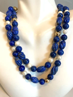 Collar De Colección Oro 14K PERLA DE AGUA DULCE-LAPIS-27" LARGO-60g-Cuentas Remolino Únicas-FAB Foto 1 de 4