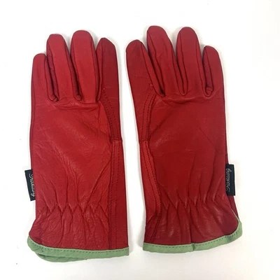 Vintage Rostaing Red Leather Gloves Green Trim Old Money Festive - Image 1 of 4