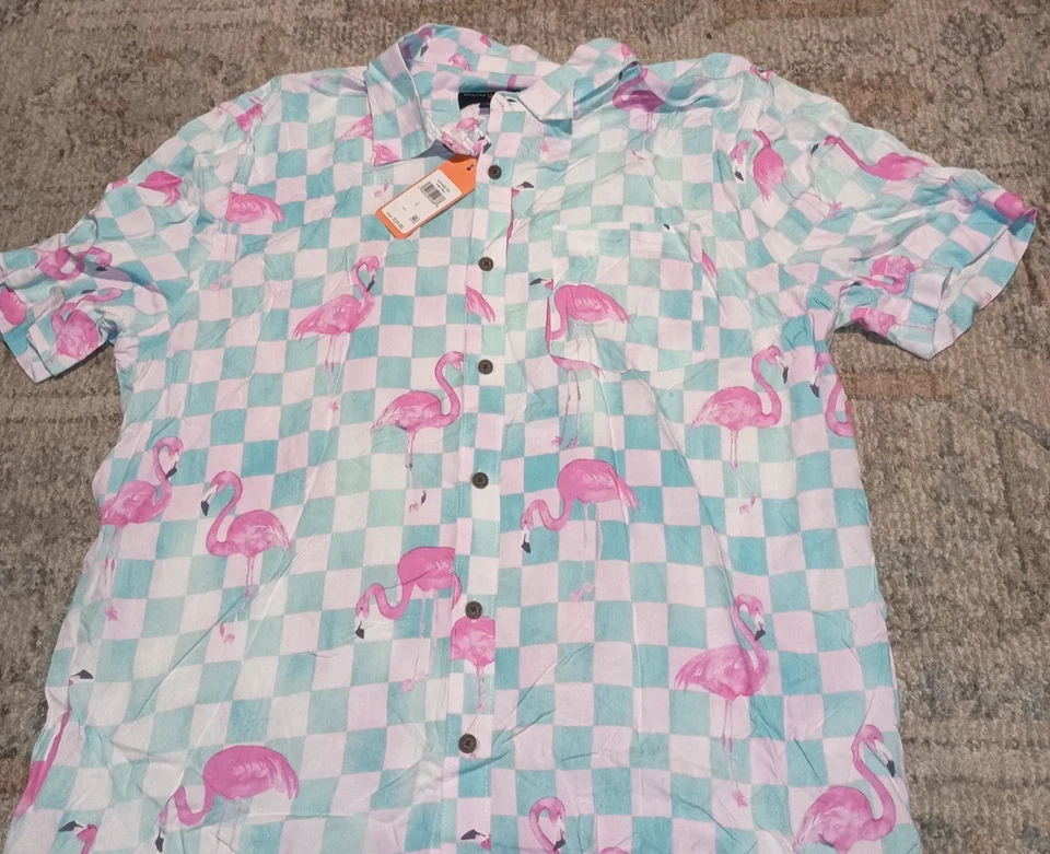Margaritaville Casual Button Down Collared Men's Shirt Blue Flamingo Beach Large