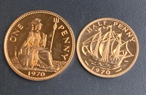 Elizabeth II 1970 Proof Penny & Half Penny Stempelglanz Münzen Lot E31 - Bild 1 von 4