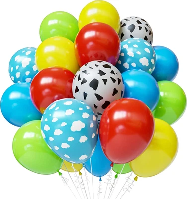 Globos de historia inspirados en juguetes, 50 piezas estampado de vaca de 12 pulgadas nube azul cielo rojo azul amarillo Foto 1 de 4