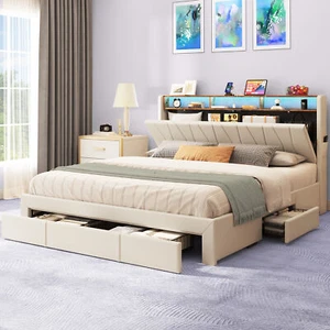 King Size Bed Frame LED Storage Platform with Upholstered Headboard &4 Drawers - Picture 1 of 13