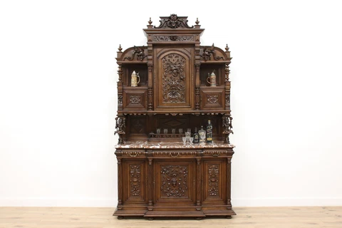 Renaissance Antique Walnut Backbar, Server, China Cabinet, Carved Jesters #41707 Cover