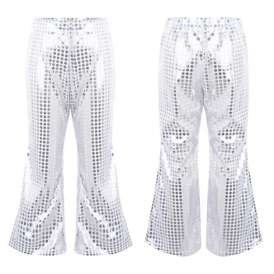 Kids Girls Elastic Waist Sparkly Sequin Flared Pants Shiny Bell-Bottom Trousers - Image 1 of 3