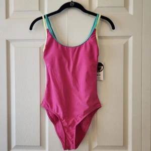 No Boundaries Pink One-Piece Swimsuit With Blue & Yellow Trim Size S NWT - Picture 1 of 10