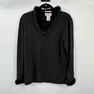 Quaker Factory Womens Sweater Small Black Faux Fur Trim Beaded Preppy Knit New - Picture 1 of 13